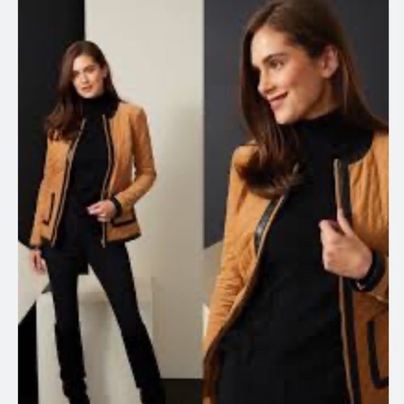 Etcetera Tan Black Quilted Faux Leather Trim Women's Jacket Size 6 - Picture 5 of 11